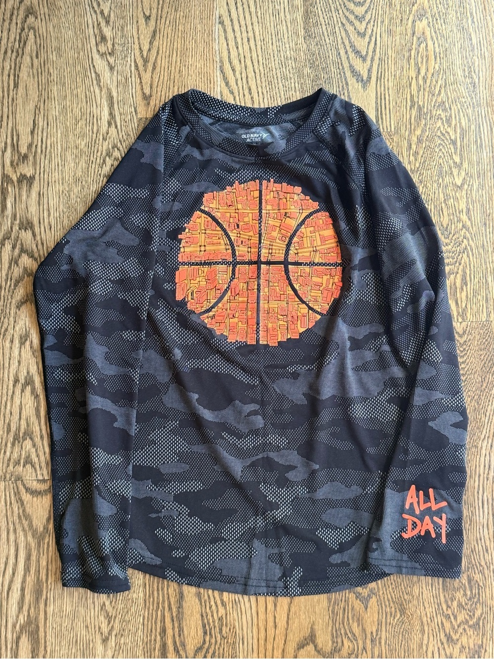 Old Navy Black Camo Long-Sleeve Top with Orange Basketball Graphic